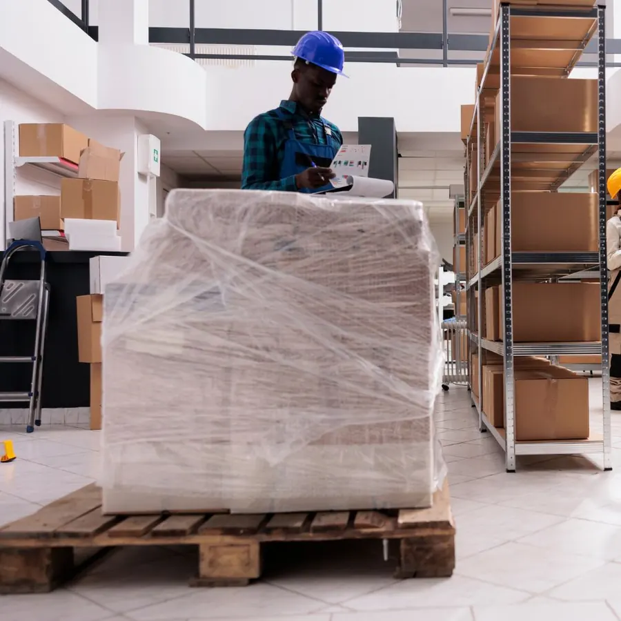 Bulk office furniture order palletised in our warehouse